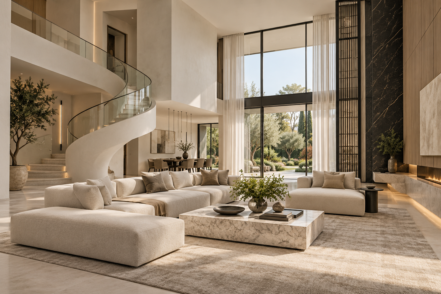 Interior moderno con doble altura, escalera curva, sofás marfil, piedra y madera clara