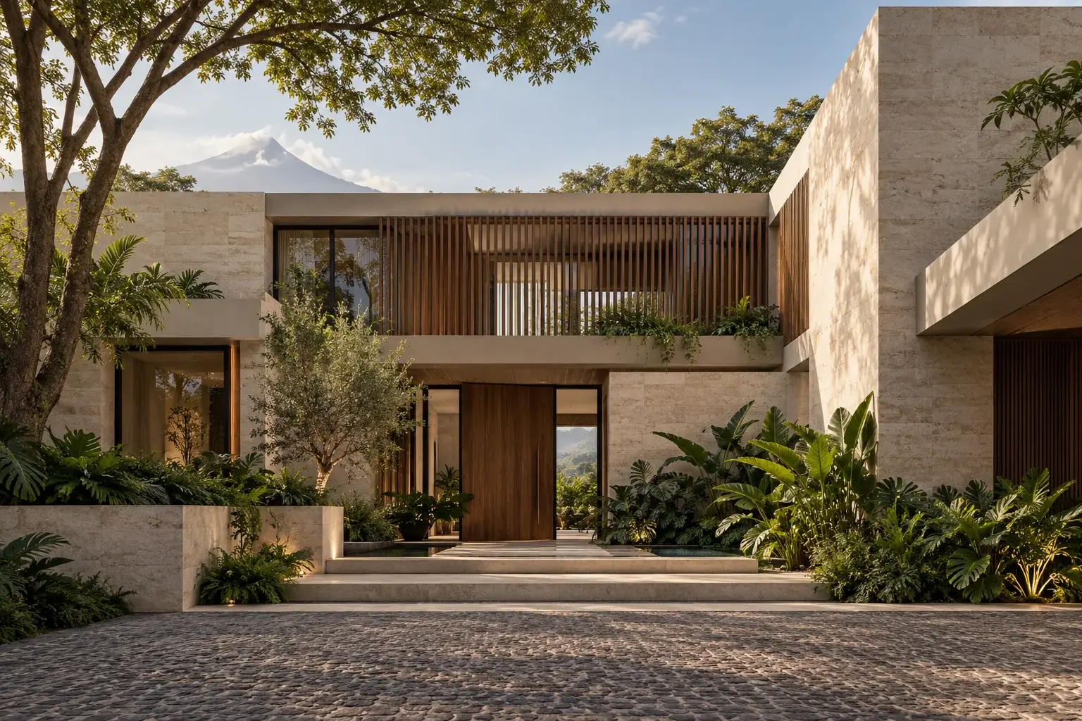 Visualización exterior de residencia moderna en piedra y madera