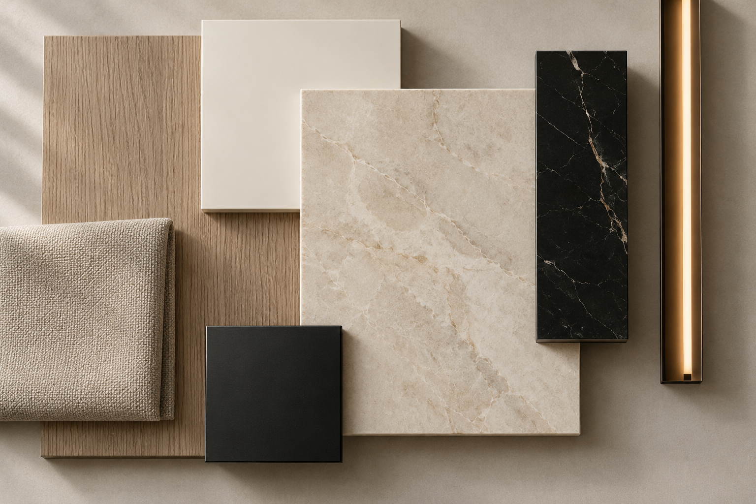 Roble claro, piedra marfil, mármol negro, metal fino y tejido greige