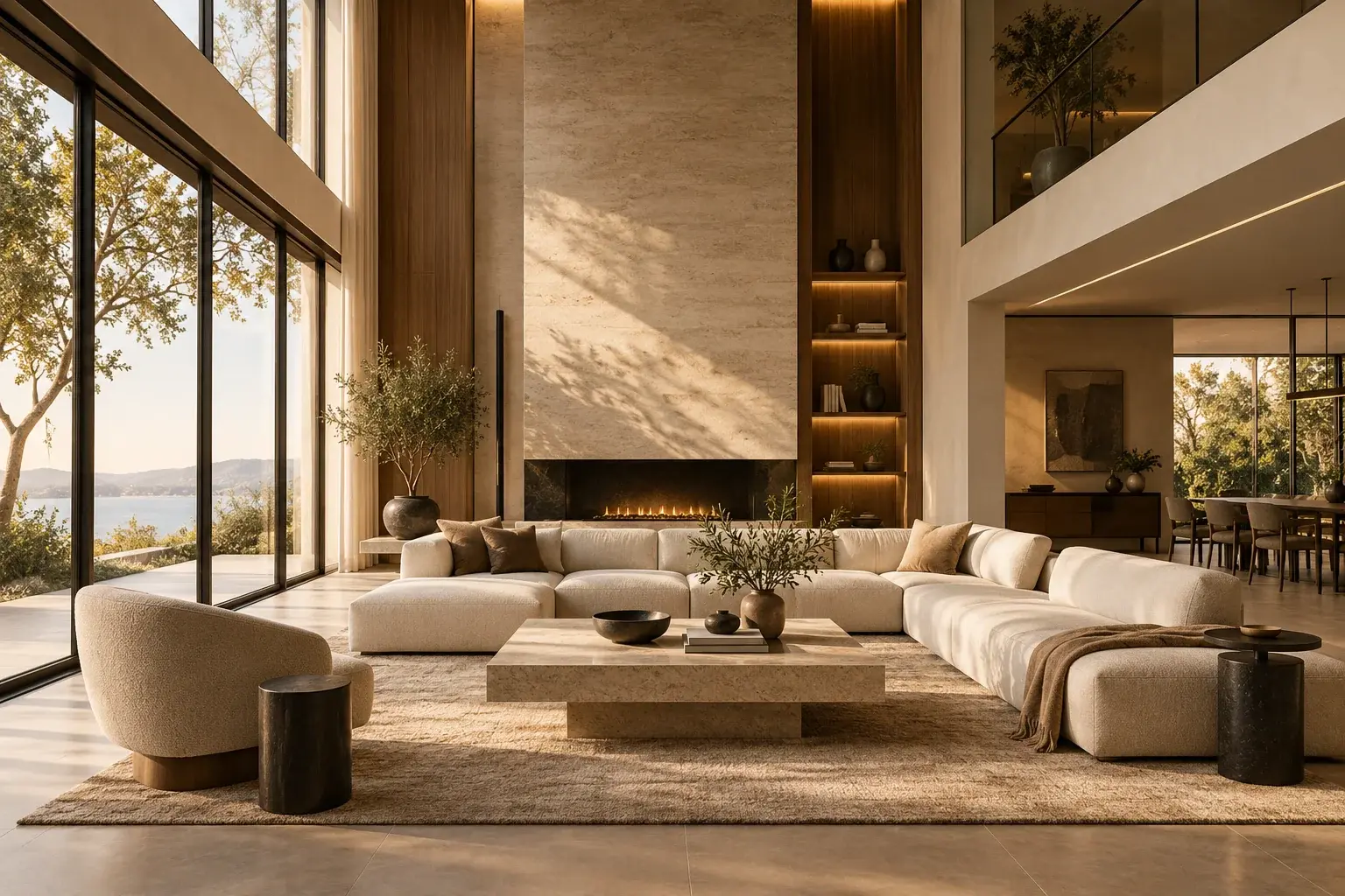 Visualización de sala moderna cálida con madera y piedra natural