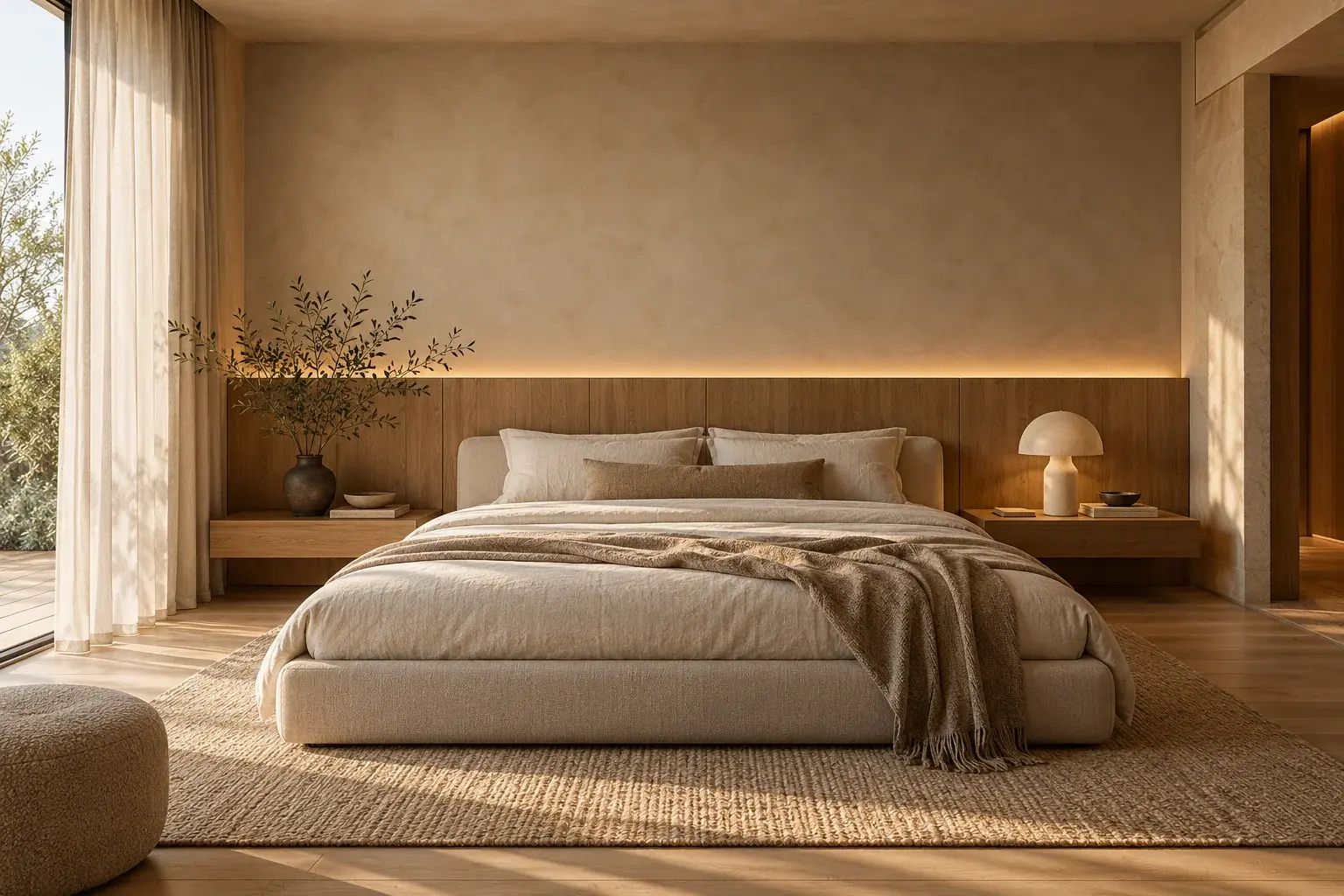Visualización de dormitorio japandi con texturas naturales